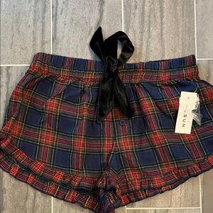 PacSun Navy Plaid High Waist Shorts with Black Bow